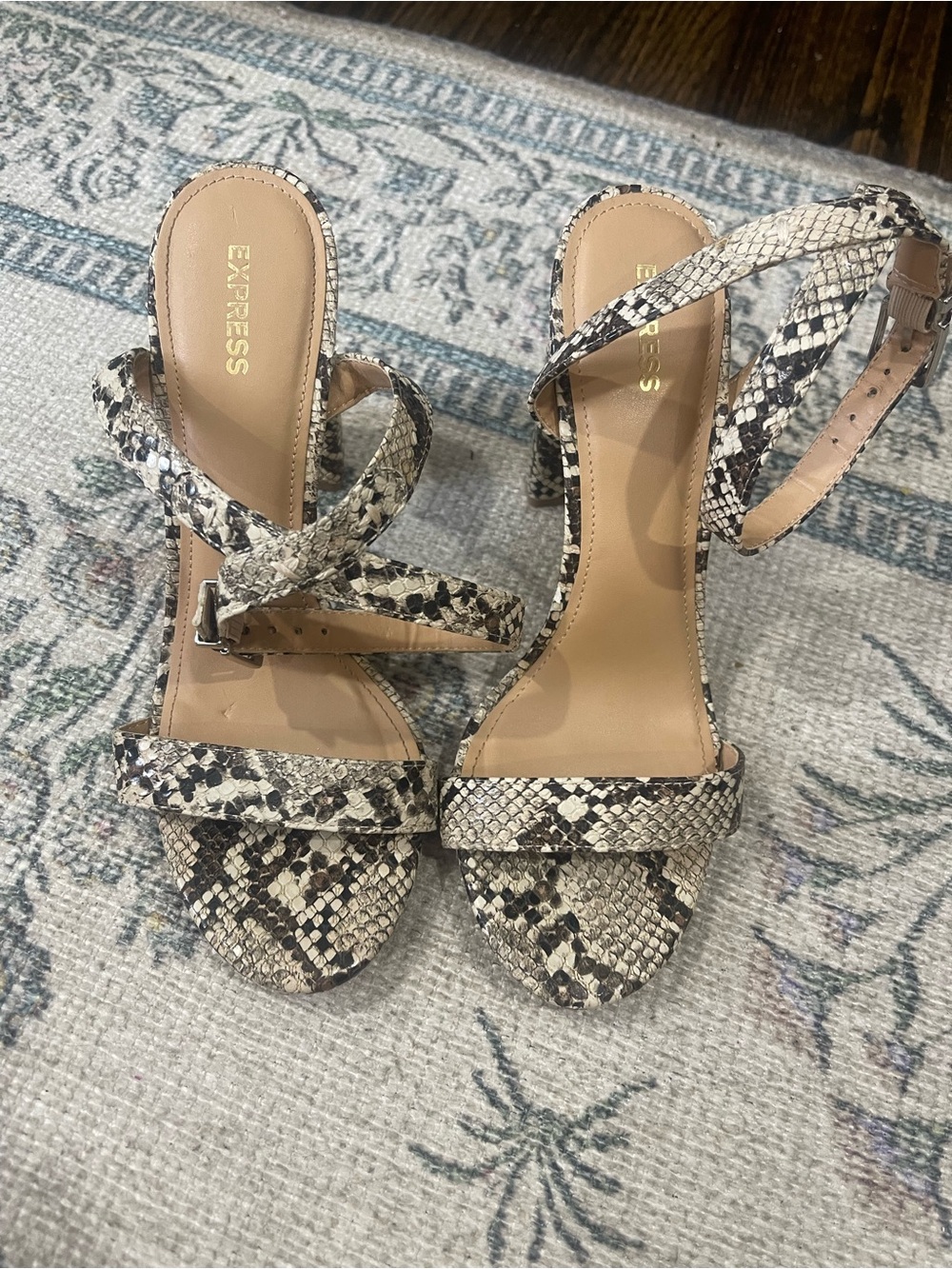 Express Snake-Print Ankle Strap Heels in Beige and Black